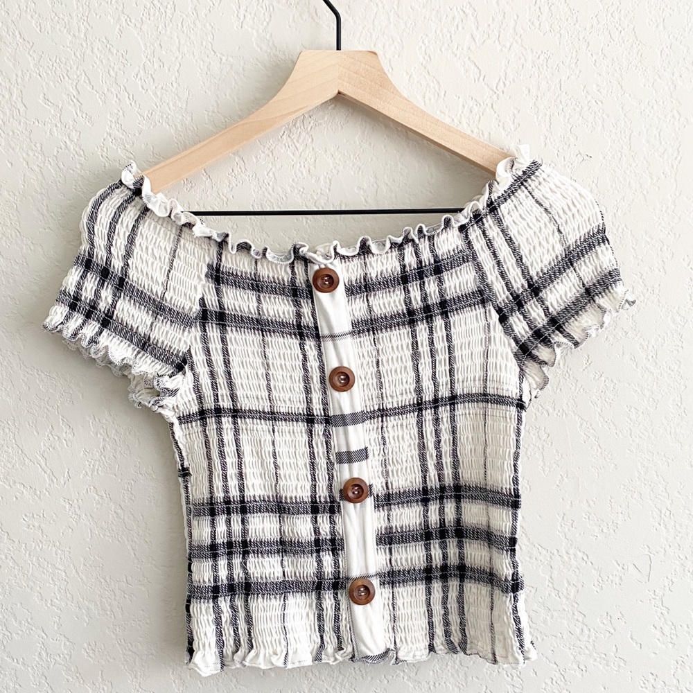 Ribbed off the Shoulder Stretch Button Front Top